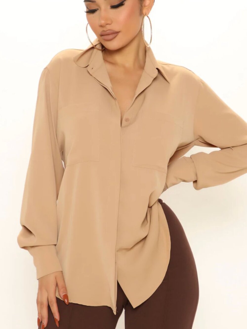 Fashion Nova CEO Of Slaying Button Down Top Taupe NWT Size L